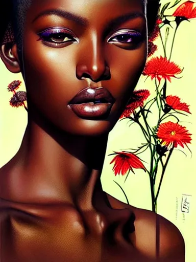 Image similar to a portrait of african supermodel with a floral background by karol bak, artgerm, moebius, yoji shinkawa : : portrait, illustration, photorealism, hyperrealism