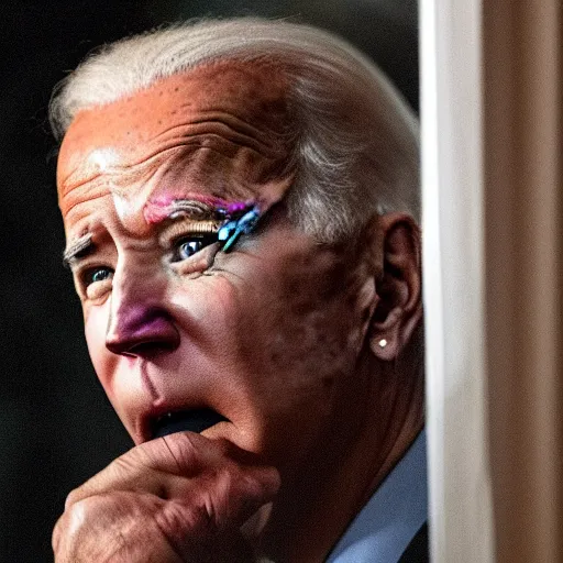 Prompt: Joe Biden staring though a window at Midnight time dark night