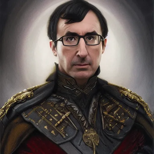 Image similar to portrait of stoic looking john oliver as vigo carpathian, military uniform, fantasy, intricate, elegant, highly detailed, centered, dark, smokey, charcoal painting, digital painting, artstation, concept art, smooth, sharp focus, illustration, art by artgerm and greg rutkowski and alphonse mucha