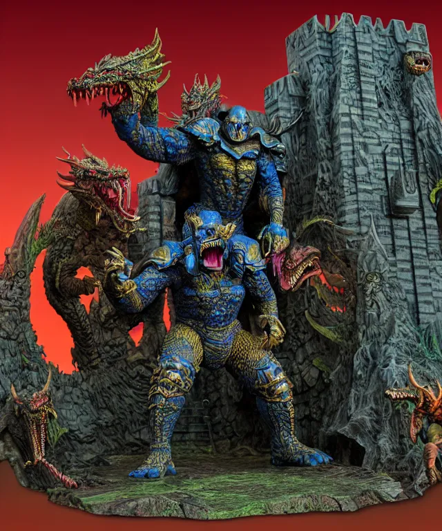 Prompt: a hyperrealistic rendering of an epic boss fight against an ornate supreme dark overlord by art of skinner and richard corben, product photography, mountain nightmare castle playset, collectible action figure, sofubi, neon color
