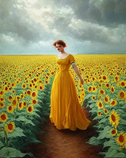 Image similar to a girl slowly in really long dress walking through amazing tall sunflower field, hair flowing, early morning lightning, bad weather approaching, oil on canvas, artstation, by j. c. leyendecker and edmund blair leighton and charlie bowater, octane, very aesthetic!!!!!!!!!!!!!!!