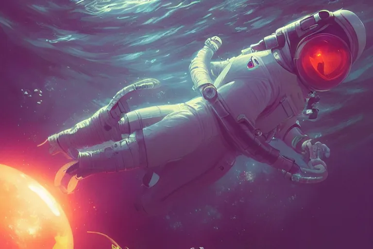 Image similar to astronaut underwater in the ocean at night, volumetric lighting, glowing lights, 4k, octane, digital painting, artstation, concept art, sharp focus, illustration, art by artgerm and greg rutkowski and alphonse mucha