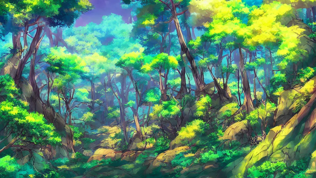 Prompt: a landscape of a mountain forest, colorful anime style, by miadzaki