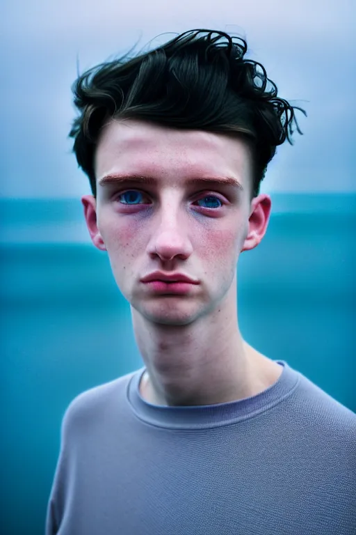 Image similar to high quality pastel coloured film mid angle docu photograph of a beautiful young 2 0 year old male, soft features, short black hair, extremely oversized clothing!! next to icelandic black rock pool environment. atmospheric. three point light. photographic. art directed. ( pastel colours ). volumetric light. clearcoat. waves glitch. 8 k. filmic.