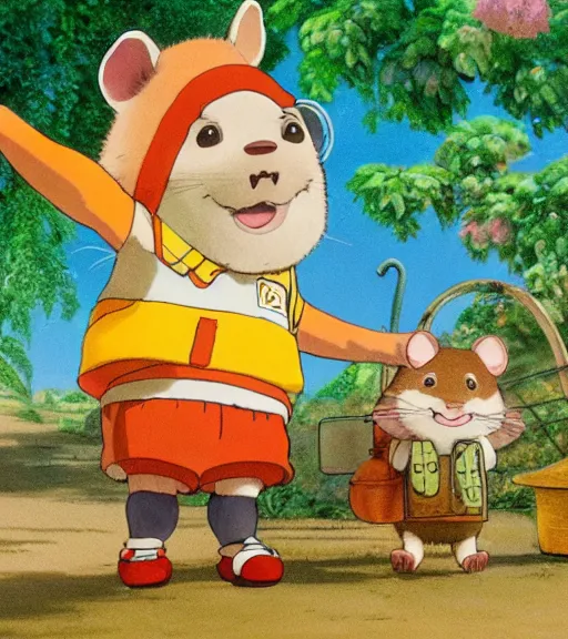 Image similar to a detailed painting of an anthropomorphic hamster kid wearing shorts and suspenders in a rural village, cute, colourful, detailed, high quality, pastel colours, brushed, 4 k, by studio disney and studio ghibli and maurice sendak and richard scarry