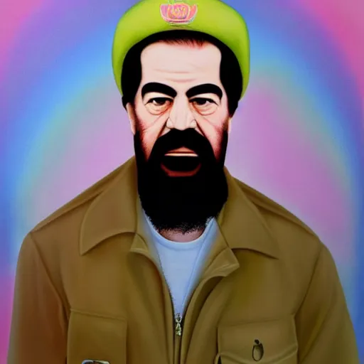 Prompt: professional portrait of saddam hussein wearing a pink puffy jacket and a bucket hat, rainbow background, 8 k, very detailed, very intricate,