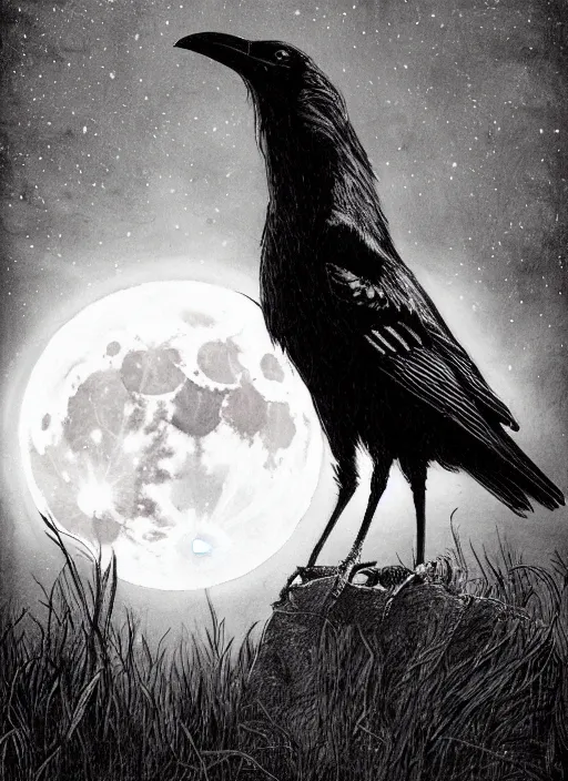 Image similar to portrait, A crow in front of the full big moon, book cover, red white and black colors, establishing shot, extremly high detail, foto realistic, cinematic lighting, pen and ink, intricate line drawings, by Yoshitaka Amano, Ruan Jia, Kentaro Miura, Artgerm, post processed, concept art, artstation, matte painting, style by eddie mendoza, raphael lacoste, alex ross