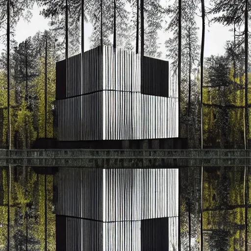 Image similar to a giant brutalist building in the forest in russia, building facing, reflections, symmetry, highly detailed, golden ratio, black and white color scheme, etching render