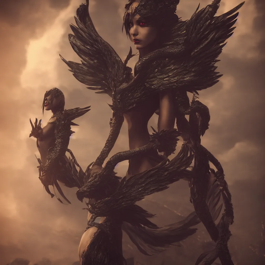 Prompt: game character design, ancient siren with black wings, unreal 5, hyperrealistic, octane render, cosplay, rpg portrait, by nixeu, artsation.