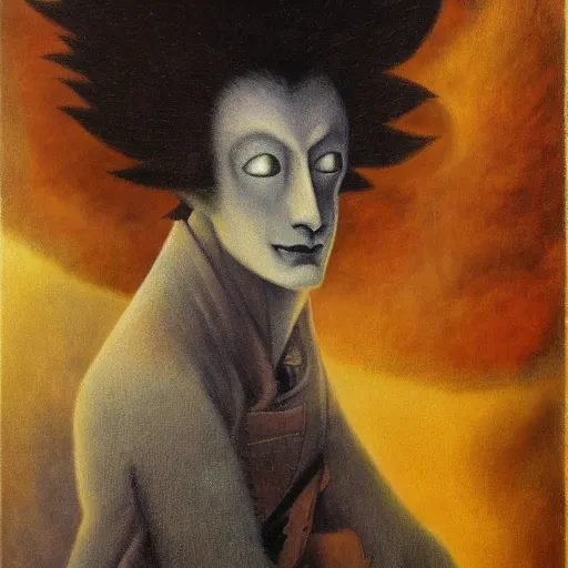 Image similar to by Remedios Varos, Goku from Dragon Ball Z, portrait, oil painting, high resolution, MET collection, Louvre