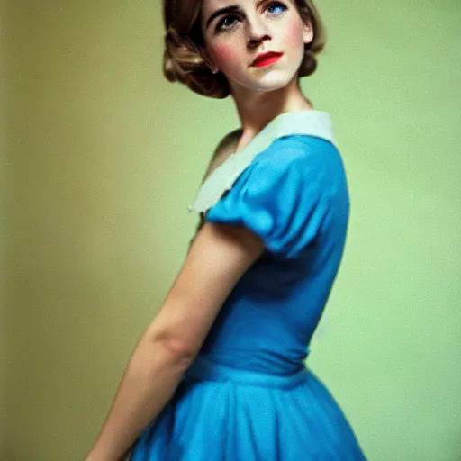 Image similar to Retro color photography 1960s fashion photoshoot of Emma Watson portrait Cinestill 800T, 1/2 pro mist filter, and 65mm 1.5x anamorphic lens