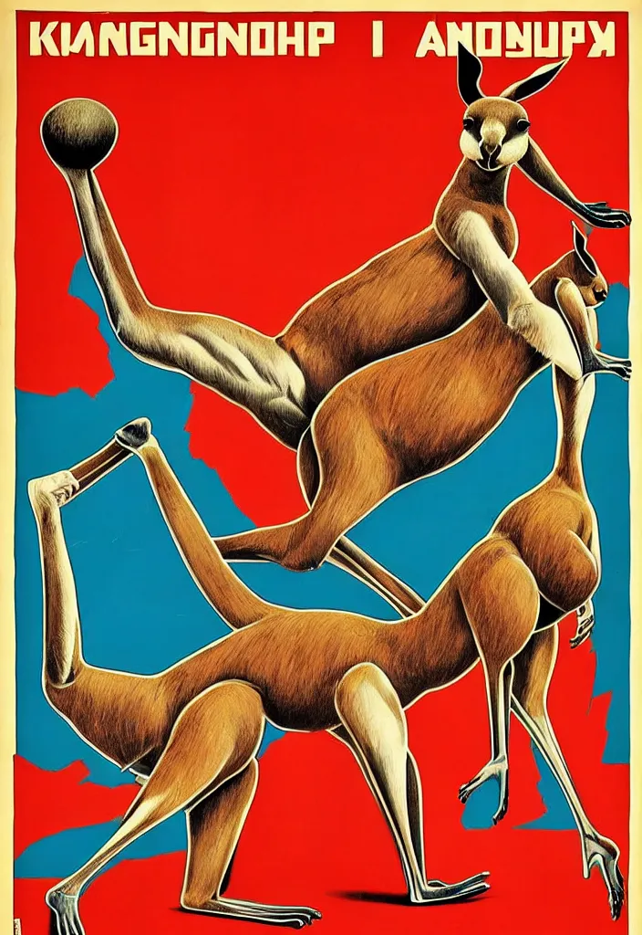 Image similar to kangaroo boxer, anatomically correct, style of soviet poster