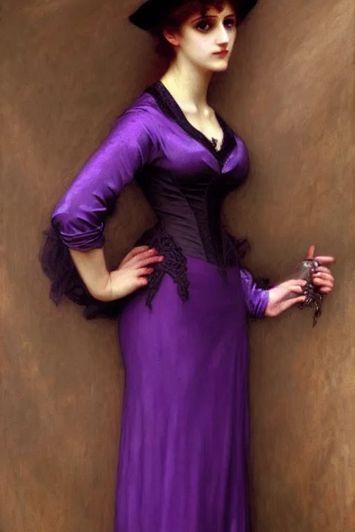 Image similar to victorian vampire in purple dress, painting by rossetti bouguereau, detailed art, artstation