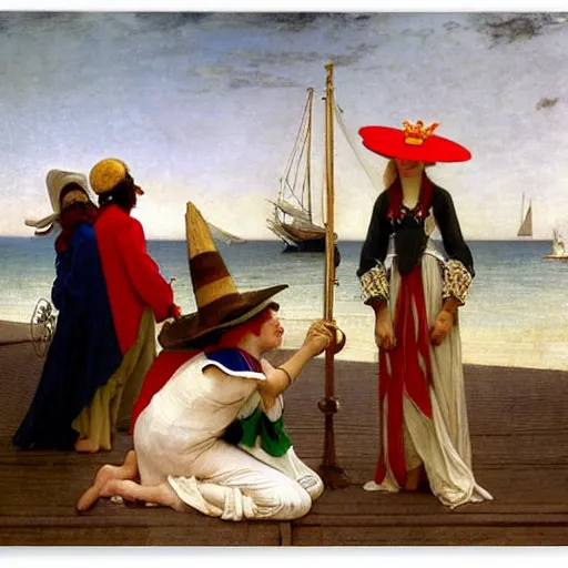 Prompt: People with jester hats and clothes forming a circle on the front of a Balustrade with a beach and a sail boat on the background, major arcana cards, by paul delaroche, alphonse mucha and arnold böcklin arnold böcklin hyperrealistic 8k, very detailed