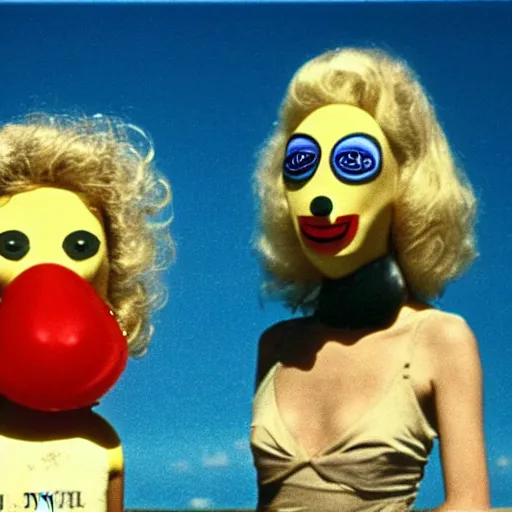 Prompt: 1979 twin women on tv show wearing an inflatable mask long prosthetic snout nose with googly eyes, soft color wearing a swimsuit at the beach 1979 color film 16mm holding a hand puppet Fellini John Waters Russ Meyer Doris Wishman old photo