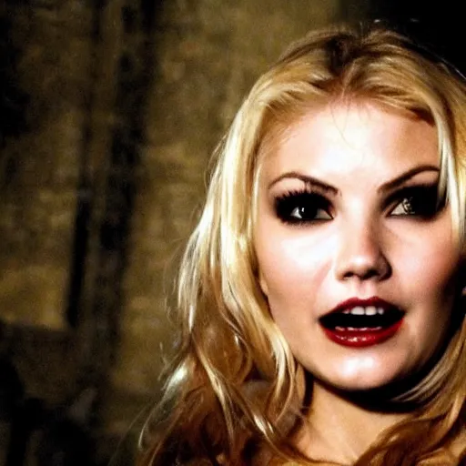 Image similar to elisha cuthbert as a vampire showing her fangs in a gloomy gothic cathedral at night