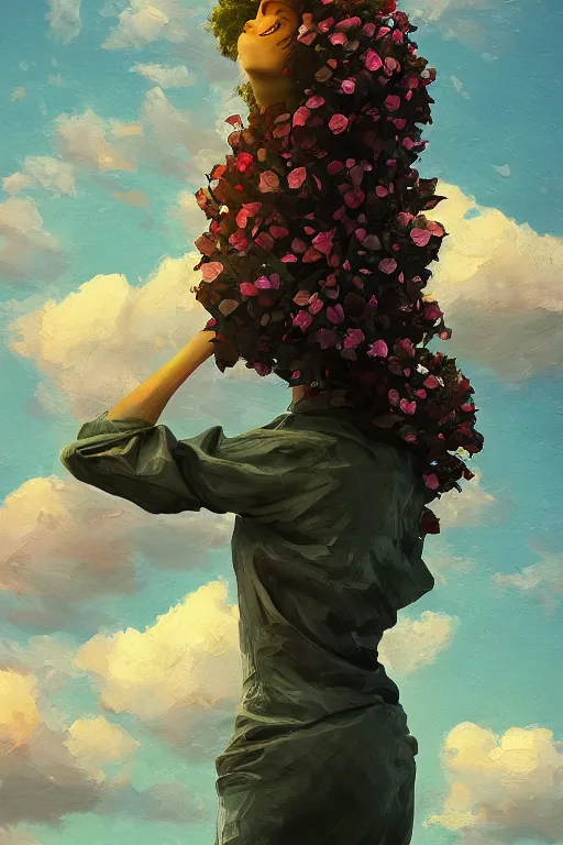 Image similar to portrait, giant flower head, a girl standing on pillar, surreal photography, wind and cold, dramatic sky, impressionist painting, digital painting, artstation, simon stalenhag