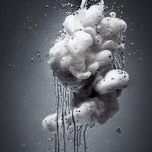 Prompt: underwater ink, rain out of a chrome cloud, chrome texture, simple and clean illustration, white background, liquified, highly detailed, photorealism, digital art, 3 d object, octane rendering, unreal engine, by alberto seveso