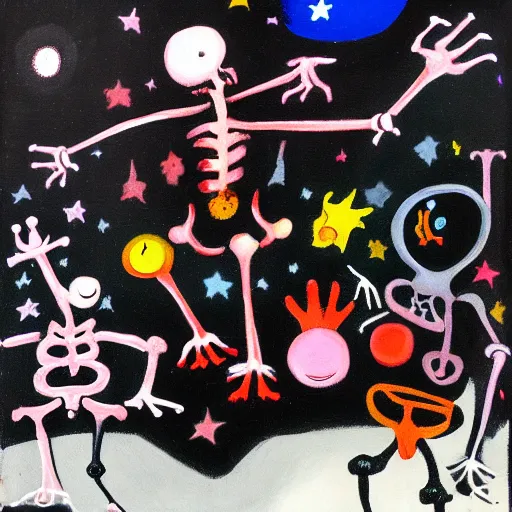 Prompt: an acryllic painting of skeleton dancing in the night under the stars, various strange guests, on a dark background, muted palette mostly white, black, gray, dark red, dark blue, some pink, minimalistic, in the styles of joan miro, banksy, and mark rothko