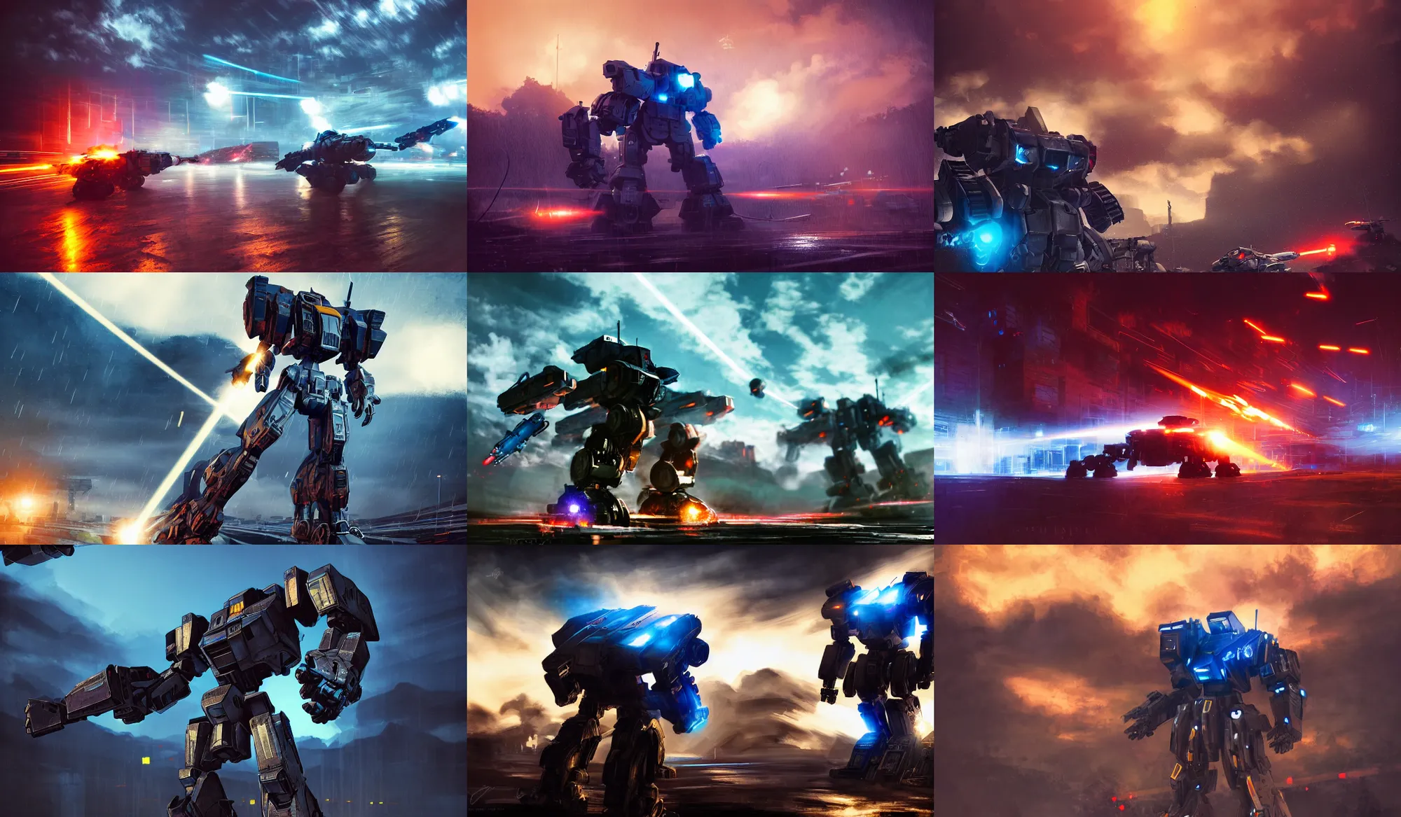 Prompt: a mechwarrior as armored core v by liam wong, laser beam ; outdoor, pure blue sky, cloud, wilderness ground, golden time, twilight ; digital painting, dynamic contrast, bokeh, motion blur, photoreal, cinematic,
