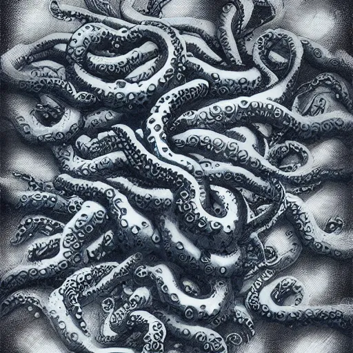 Image similar to “a swarm of dark tentacles underwater, trending on artstation, deep abyss ocean floor, dark navy colored background”