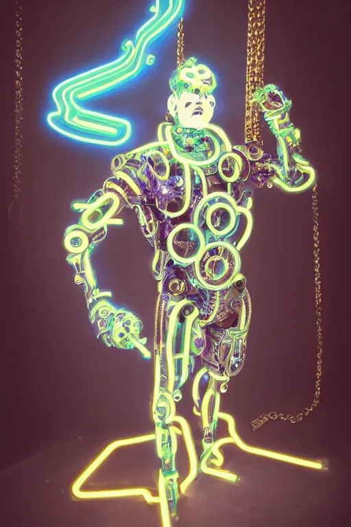 Image similar to full-body neon porcelain baroque cyberpunk style sculpture of a muscular handsome prince as a half-robot wearing retro shades, ruptured battery, leaking glowing neon radioactive liquid, electric sparks, glowing violet laser beam eyes, crown of giant diamonds, gold chain steampunk necklace, flowing purple satin, luminescent fabrics, mechanical roses. baroque and steampunk elements. full-length view. baroque element. intricate artwork by caravaggio. Trending on artstation, octane render, cinematic lighting from the right, hyper realism, octane render, 8k, depth of field, 3D