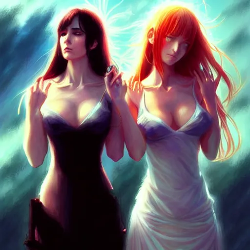 Image similar to jennifer connelly and uma thurman as a beautiful anime girls by wlop and greg rutkowski