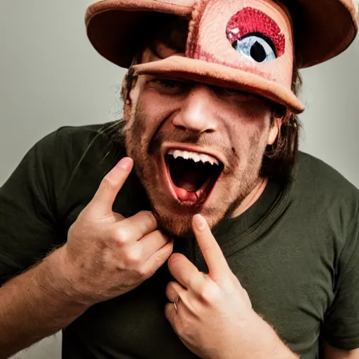 Image similar to hat with eyes mouth and teeth biting onto the top of a man's head, man is shouting in pain, funny professional photo