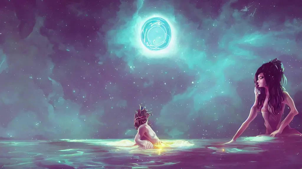 Prompt: one beautiful whimsical goddess standing in a lake basking in the moonlight, underneath a multi-colored binary blackhole with an accretion disc, glowing trails following her arms, steampunk, by Lois van Baarle, by Greg Rutkowski, by artgerm, by beeple, by studio ghibli, cinematic angle, volumetric lighting, 4k resolution, octane render, trending on artstation, masterpiece