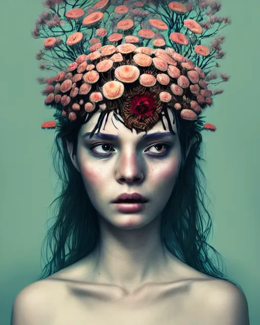 Image similar to a digital horror portrait of a beautiful sad woman with flowers and fungus growing out of her head and petals dripping from her eyes, intricate, sharp focus, digital illustration, highly detailed, octane render, digital painting, matte, art by professional artist