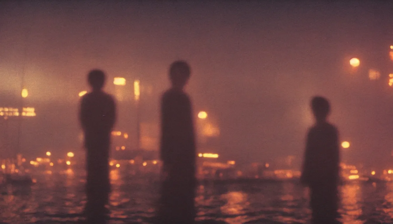 Prompt: 80s asian neon movie still with a portrait of a ghost standing on a pier by the river on early morning with bright city lights behind his back, many birds in the sky, medium format color photography, movie directed by Kar-Wai Wong, hyperrealistic, photorealistic, high definition, highly detailed, tehnicolor, anamorphic 50mm lens