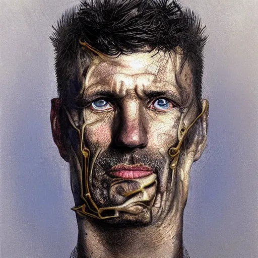 Image similar to surreal portrait of a man by Greg Rutkowski, symmetrical face, he is about 50 years old, short black hair with bangs, his features are a mix between French, Turkish and Russian, transformed into a kind of biomechanical transhuman god, blue glowing eyes, expression of epiphany and determination, cosmic void background, frightening, fascinating, highly detailed portrait, digital painting, book cover, artstation, concept art, smooth, sharp foccus ilustration, Artstation HQ