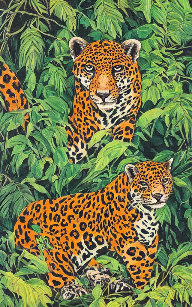 Prompt: a velvet painting of a colorful jaguar in a jungle