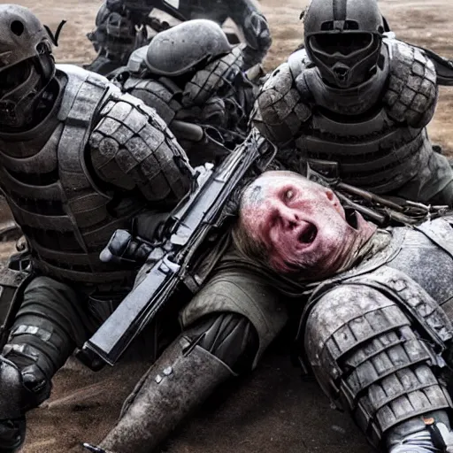 Image similar to Gruesome photo of a dying British mercenary wearing grey modern body armor surrounded by enemies, photo by Adam Ferguson, Pulitzer Winning, cinematic composition, breathtaking, modern, 2022