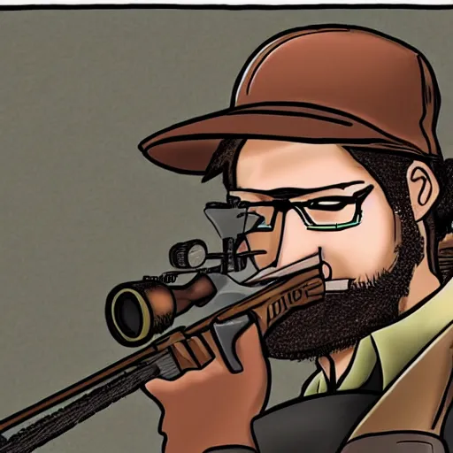 Prompt: nerdy neckbeard sniper, illustrated, detailed