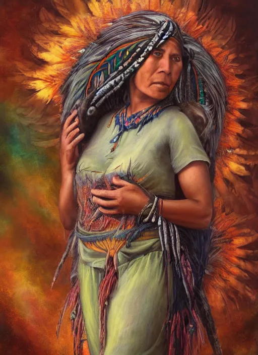 Image similar to a beautiful painting of an indigenous mother with open arms, facing camera, full body, matte painting, fantasy art, ayahuasca, highly detailed