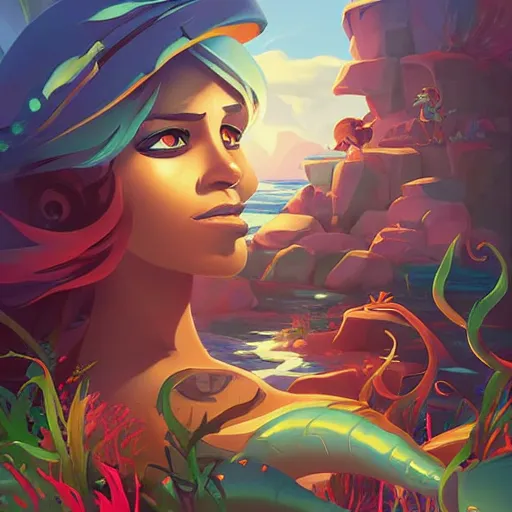 Image similar to painting mermaid treasure on sea of thieves game avatar hero smooth face median photoshop filter cutout vector, behance hd by jesper ejsing, by rhads, makoto shinkai and lois van baarle, ilya kuvshinov, rossdraws global illumination