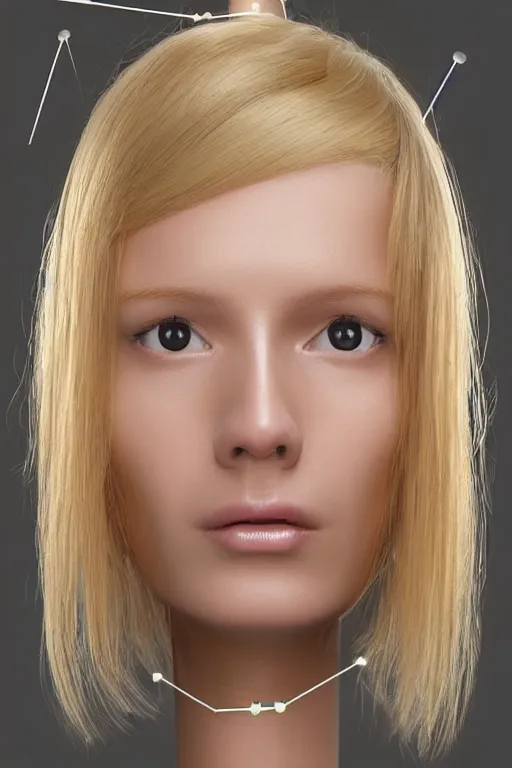 Image similar to robot with human face, female head, full body angle, woman human face, human face realistic, beautiful blonde hair, human head, human head with blonde hair, blonde hair human head, blonde hair, human realistic face, human head skin, cyborg frame concept, cyborg by ales-kotnik, sci-fi android female, the body is made of wires, robotic body, cyborg body, cyborg bust body, robot body cyborg, full body