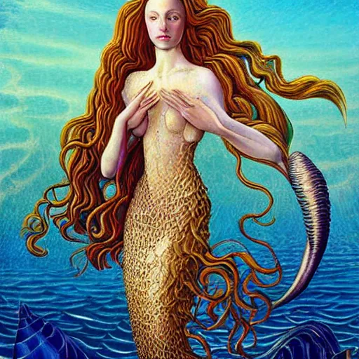 Image similar to intricate detail, gilbert williams and sandro botticelli portrait of tan sumerian mermaid goddess atargatis, princess intergalactica, with aqua neon rapunzel dreadlocks adorned in seashells, near crystal temple in atlantis, iridescent dolphins swimming in the sea, unicorn flying in the sky, paleozoic atlantis