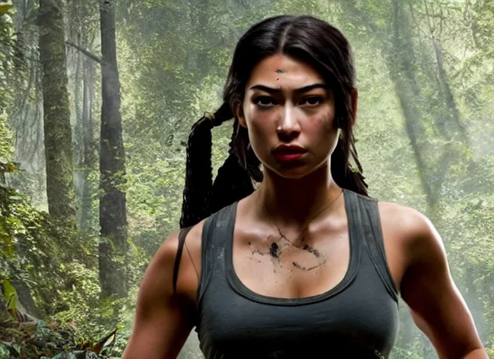 Image similar to film still of!!!! amber midthunder!!! as lara croft in new tomb raider movie, 8 k