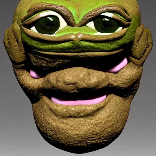 Image similar to clay head of pepe the frog, 3d sculpture, textured, fine detail, lifelike, photo, high resolution