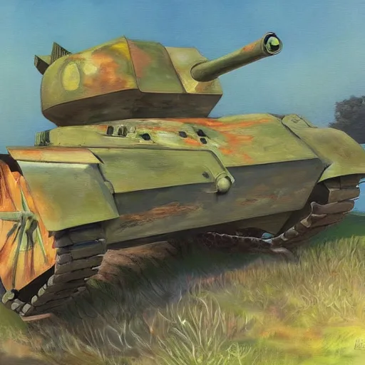 Image similar to a beautiful complex painting of a car shape as a tank