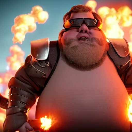 Prompt: highly detailed octane render of a short fat ugly man with a giant beard wearing goggles and blue armour is being blown up in an explosion