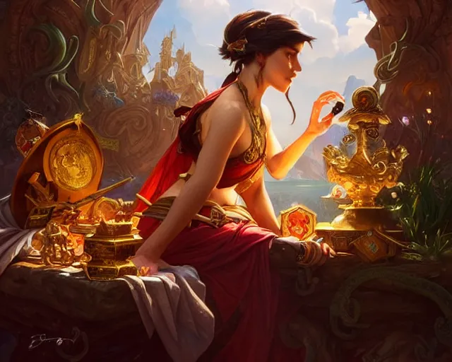 Image similar to open treasure chest with the greatest riches on earth, deep focus, d & d, fantasy, intricate, elegant, highly detailed, digital painting, artstation, concept art, matte, sharp focus, illustration, hearthstone, art by artgerm and greg rutkowski and alphonse mucha