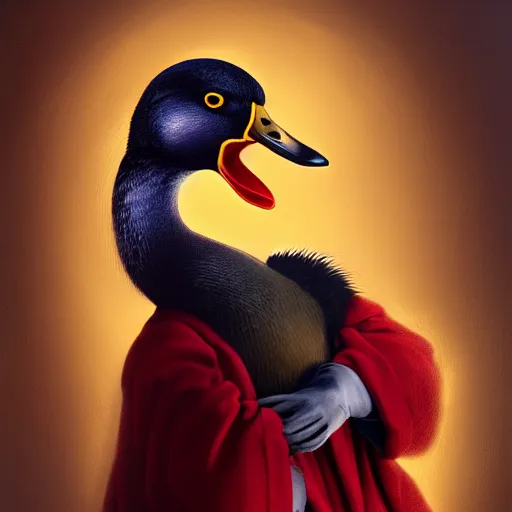 Prompt: portrait of cute mallard duck with black feathers, wearing cultist red robe, inside a castle, black feathers, glowing arcane eyes, ultra detailed, expressive oil painting digital art, octane render, trending on art station,