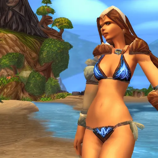 Prompt: pretty girl in a bikini inside of the world of warcraft