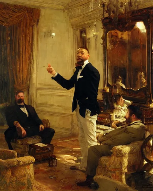 Prompt: tom hardy ( ( ( beard ) ) ) clean - shaven, reciting poetry to a room full of businessmen, painting by gaston bussiere, craig mullins, j. c. leyendecker