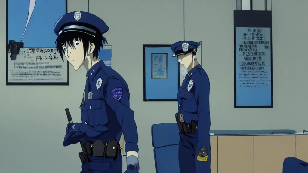 Image similar to a cop wearing a blue skunk mask standing in a police station, anime film still from the an anime directed by Katsuhiro Otomo with art direction by Salvador Dalí, wide lens