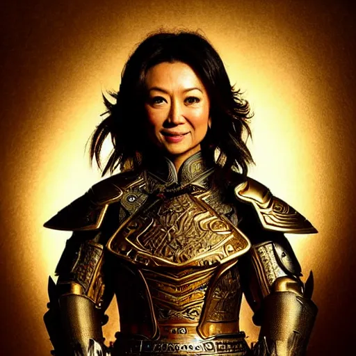 Prompt: ming na wen in samurai armor, atmospheric lighting, painted, intricate, golden hour, ultra detailed by royo