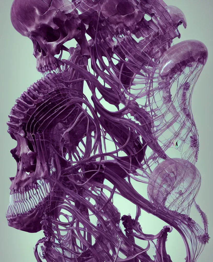 Prompt: goddess close-up portrait human skeleton, ram skull, skeleton, thorax, x-ray, backbone, jellyfish phoenix head, nautilus, orchid, skull, betta fish, bioluminiscent creatures, intricate artwork by Tooth Wu and wlop and beeple. octane render, trending on artstation, greg rutkowski very coherent symmetrical artwork. cinematic, hyper realism, high detail, octane render, 8k